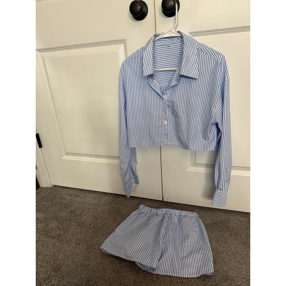 Blue White Stripe Short Set Long Sleeve Cropped Button Up Shirt 2 Piece Outfit